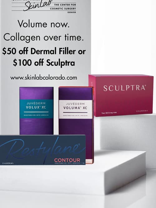 Instagram post: Volume now. Collagen over time. $50 off Dermal Filler or $100 off Sculptra